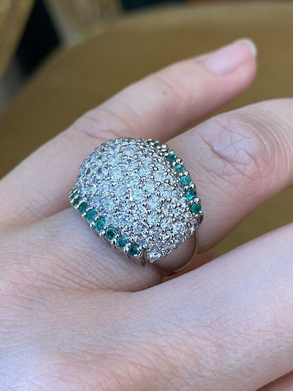 Estate Emerald and Diamond Wide Pavé Dome Ring in Platinum For Sale 1