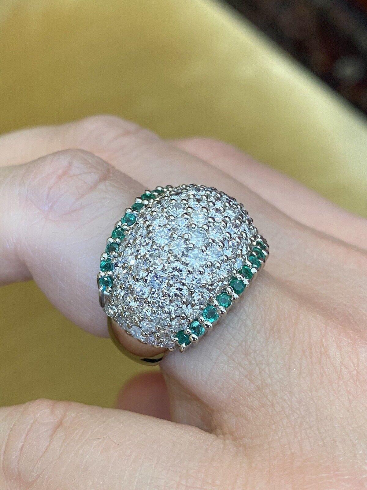 Estate Emerald and Diamond Wide Pavé Dome Ring in Platinum For Sale 2