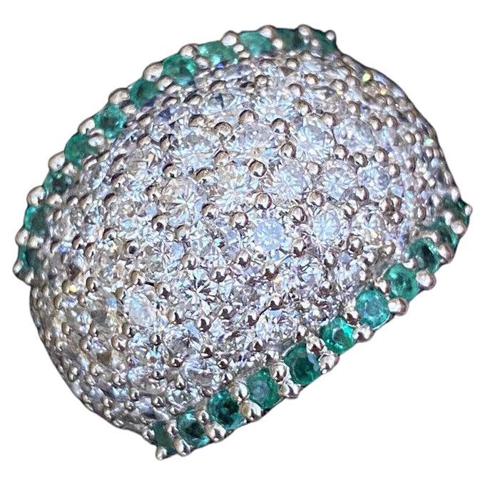 Estate Emerald and Diamond Wide Pavé Dome Ring in Platinum For Sale