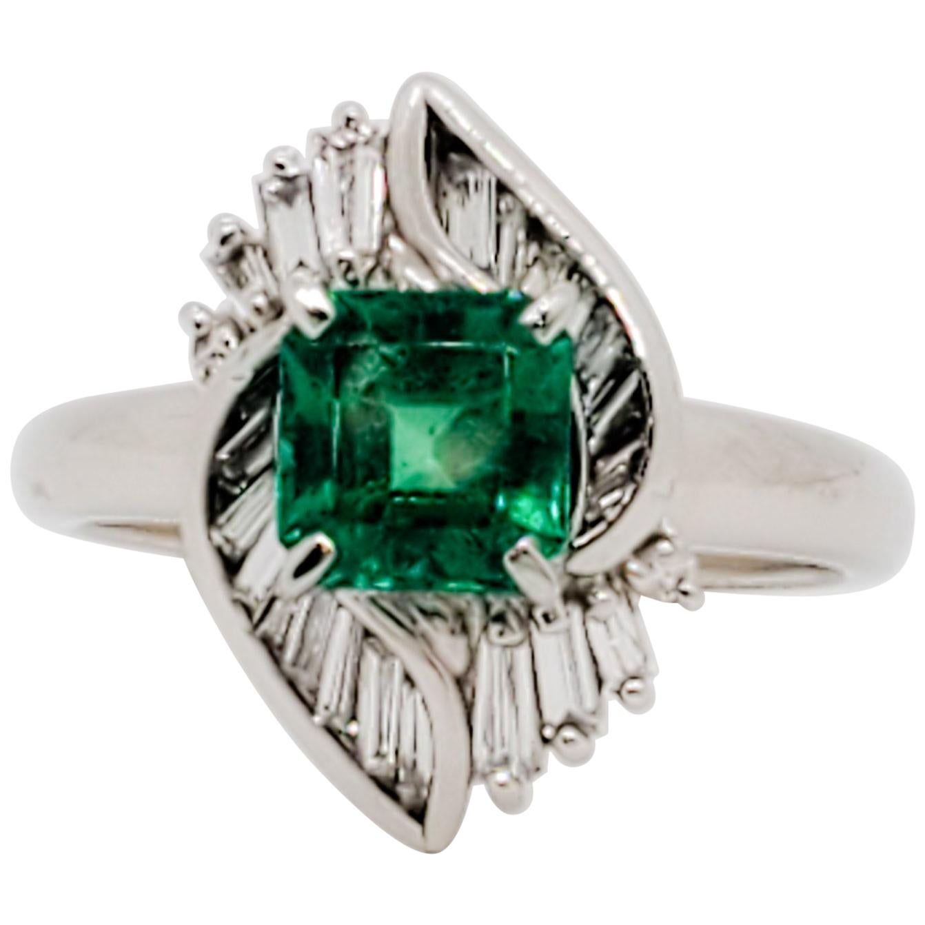 Estate Emerald Oval and White Diamond Cocktail Ring in Platinum For