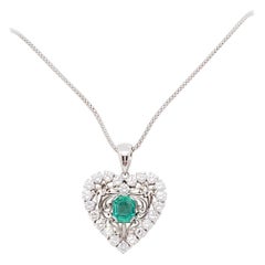 Estate Emerald and White Diamond Heart Pendant Necklace in Platinum