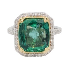 Estate Emerald Cushion and Diamond Cocktail Ring in 18k Two Tone Gold