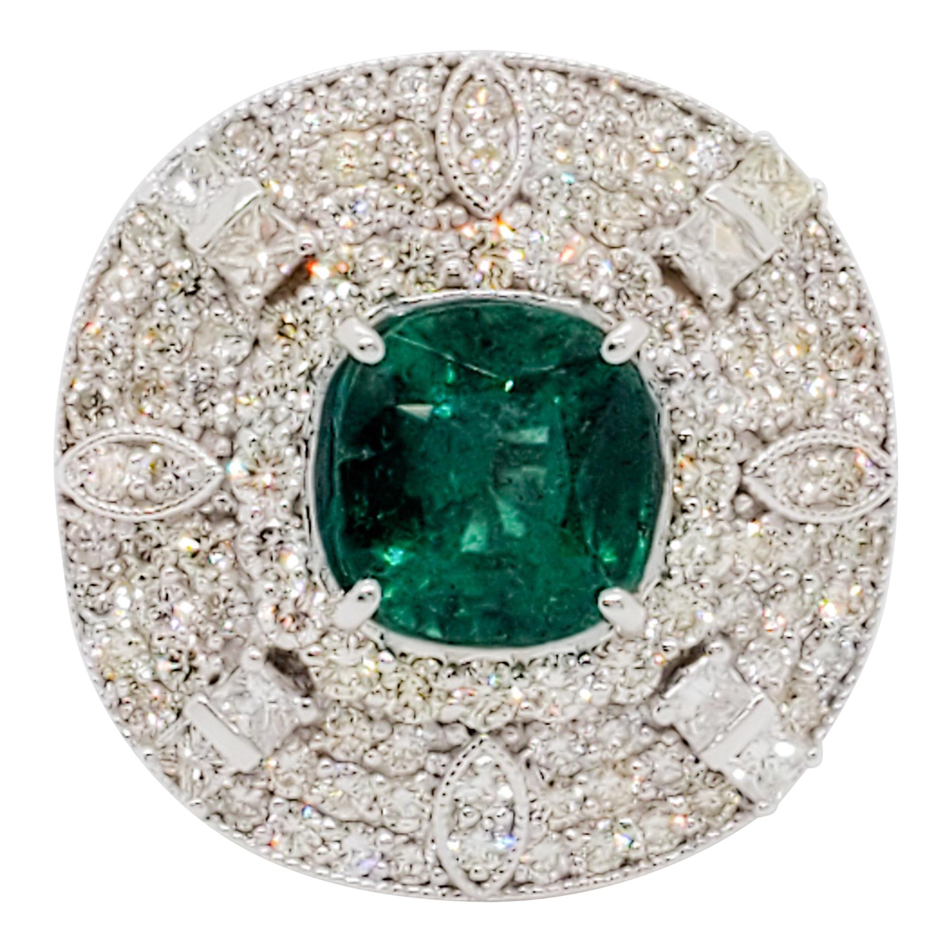 Estate Emerald Cushion and White Diamond Cocktail Ring in 14 Karat White Gold