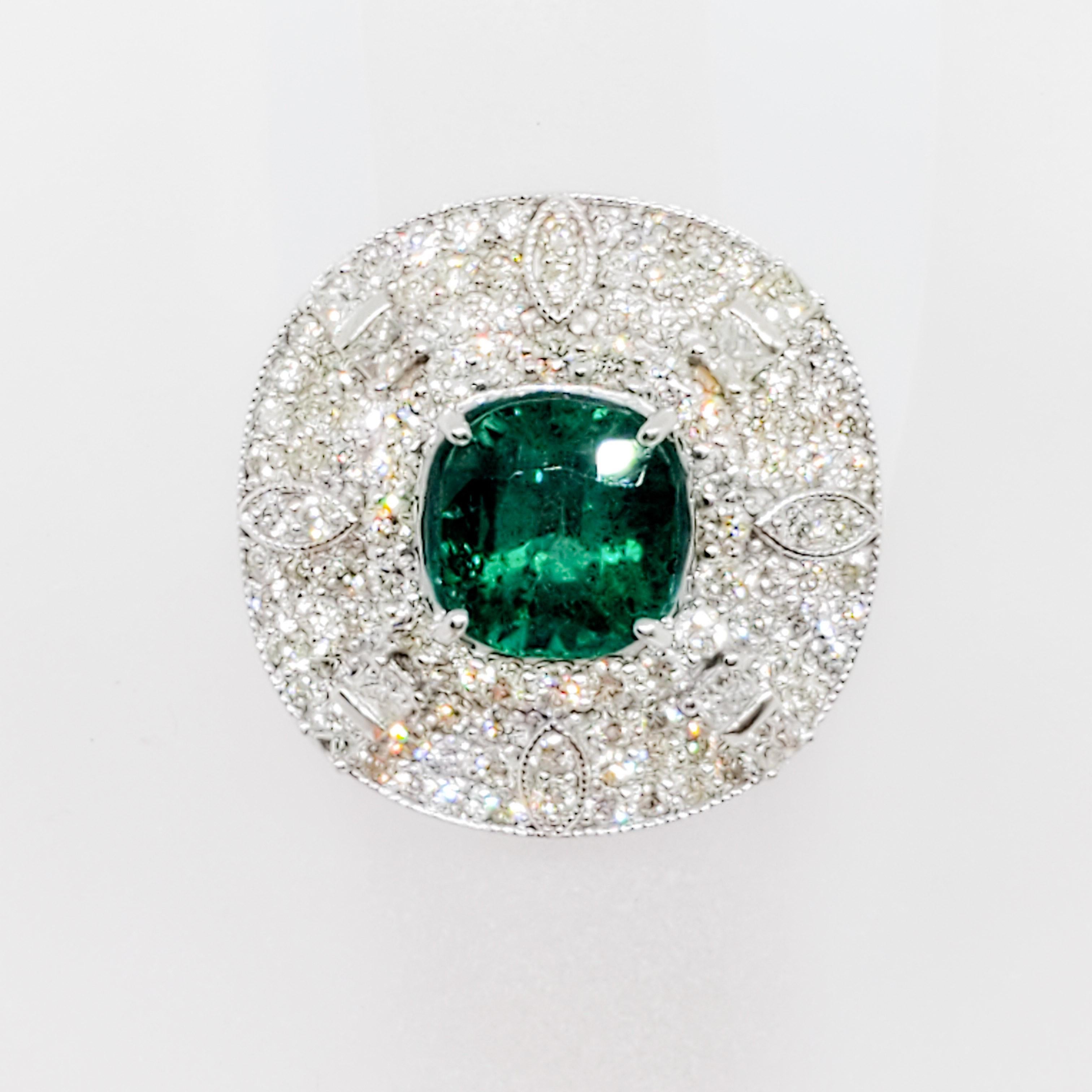 Cushion Cut Estate Emerald Cushion and White Diamond Cocktail Ring in 14 Karat White Gold