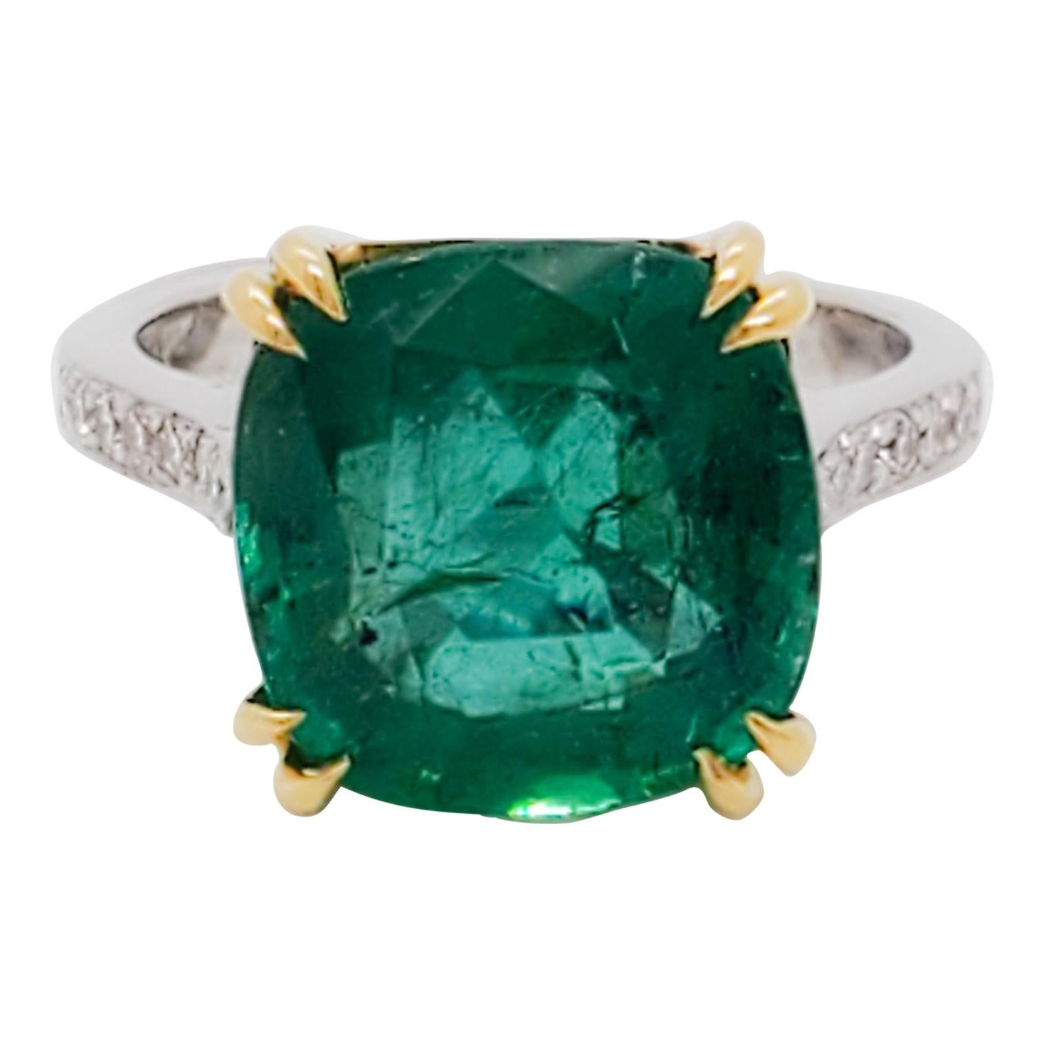 Estate Emerald Cushion and White Diamond Cocktail Ring in 18 Karat Gold