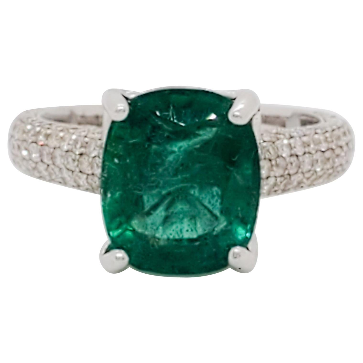 Estate Emerald Cushion and White Diamond Pave Cocktail Ring in 18 Karat Gold