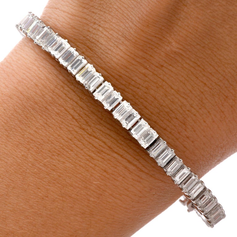 Estate Emerald Cut Diamond Platinum Tennis Bracelet at 1stDibs