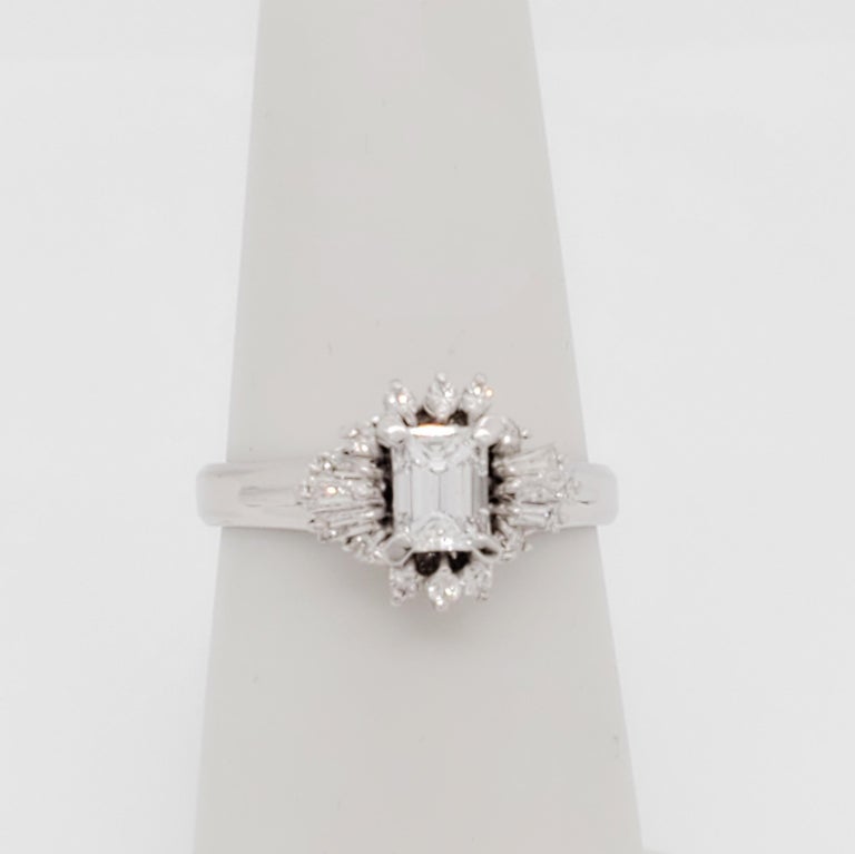 Women's or Men's Estate Emerald Cut Diamond Ring in Platinum For Sale