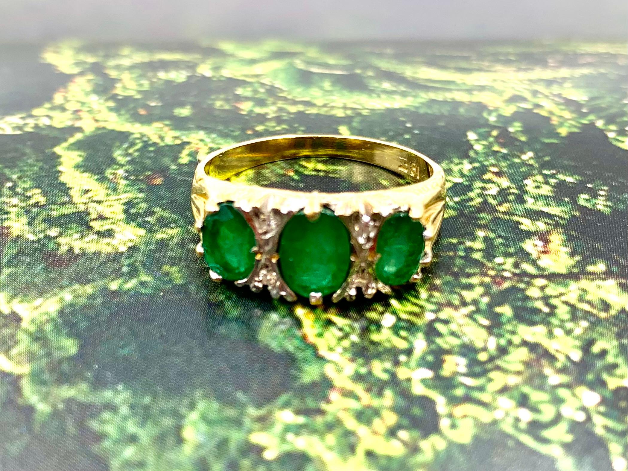Mixed Cut Estate Emerald Diamond 18K Yellow and White Gold Three Stone Ring For Sale