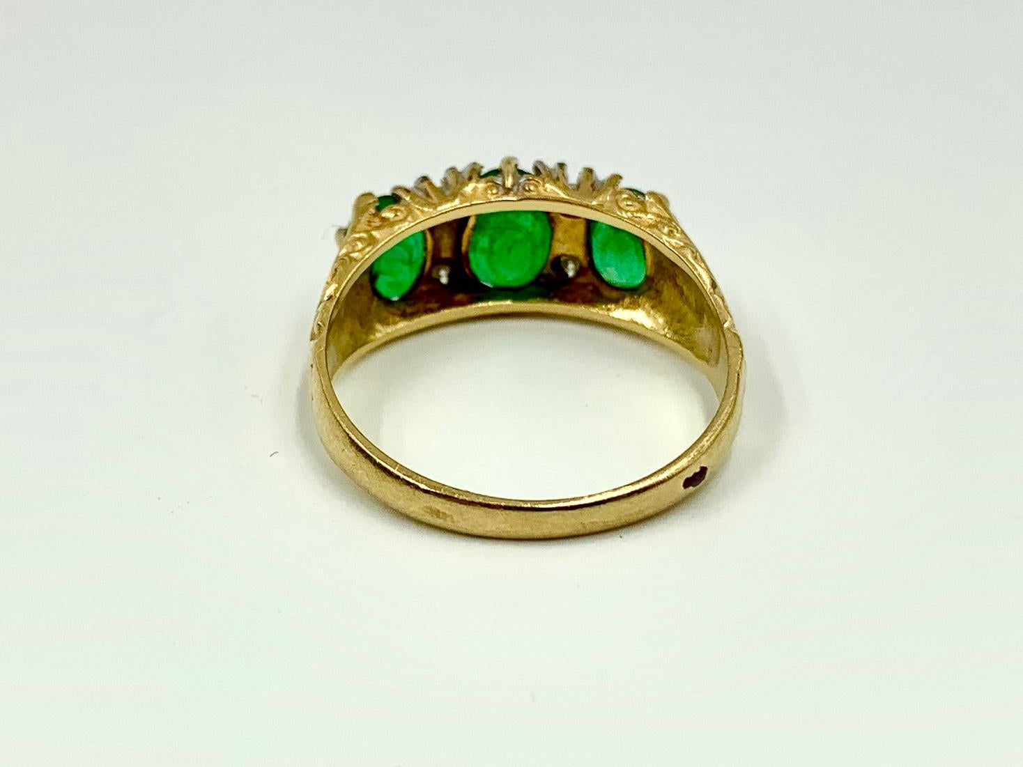 Estate Emerald Diamond 18K Yellow and White Gold Three Stone Ring For Sale 1