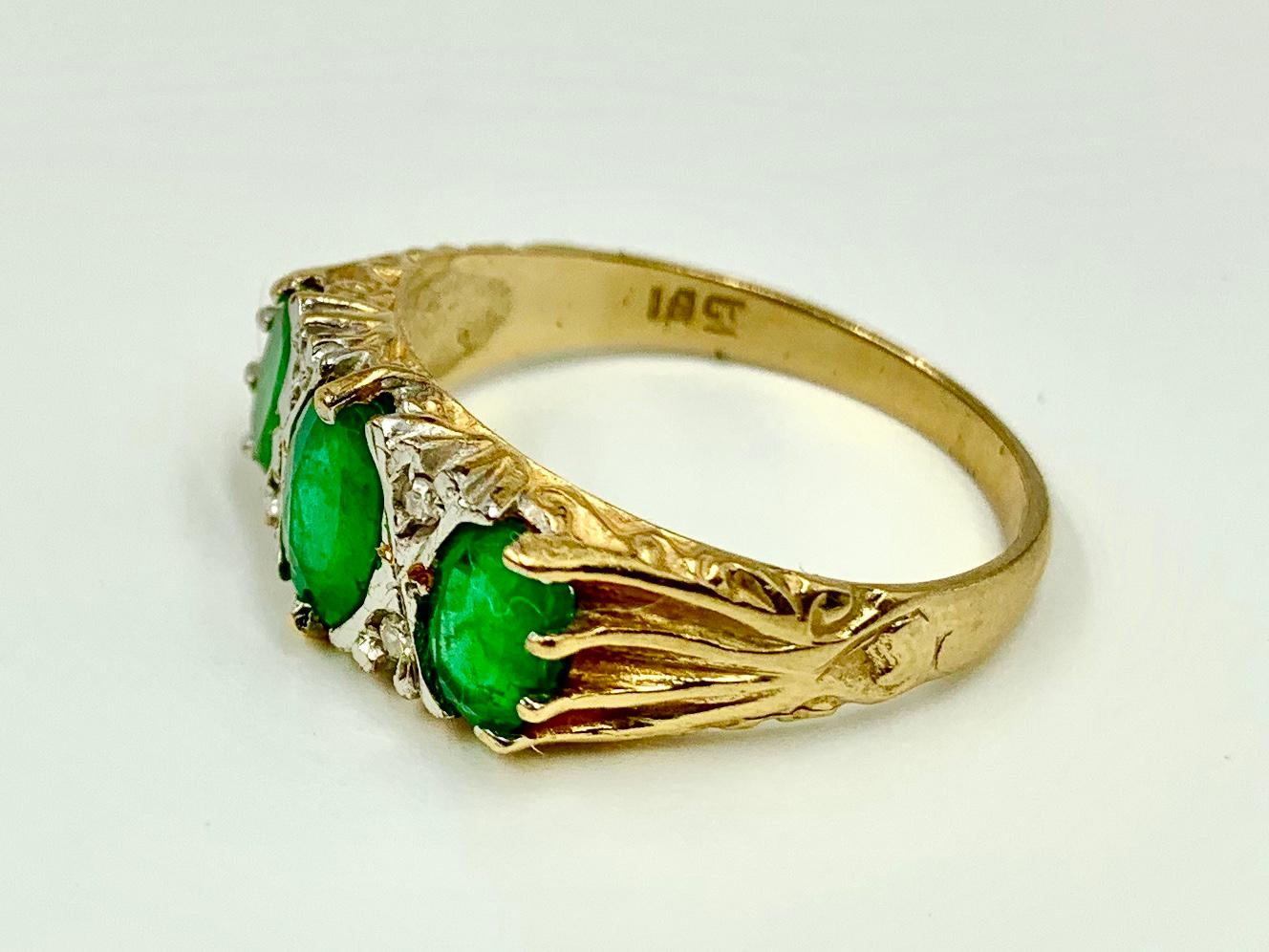 Estate Emerald Diamond 18K Yellow and White Gold Three Stone Ring For Sale 2