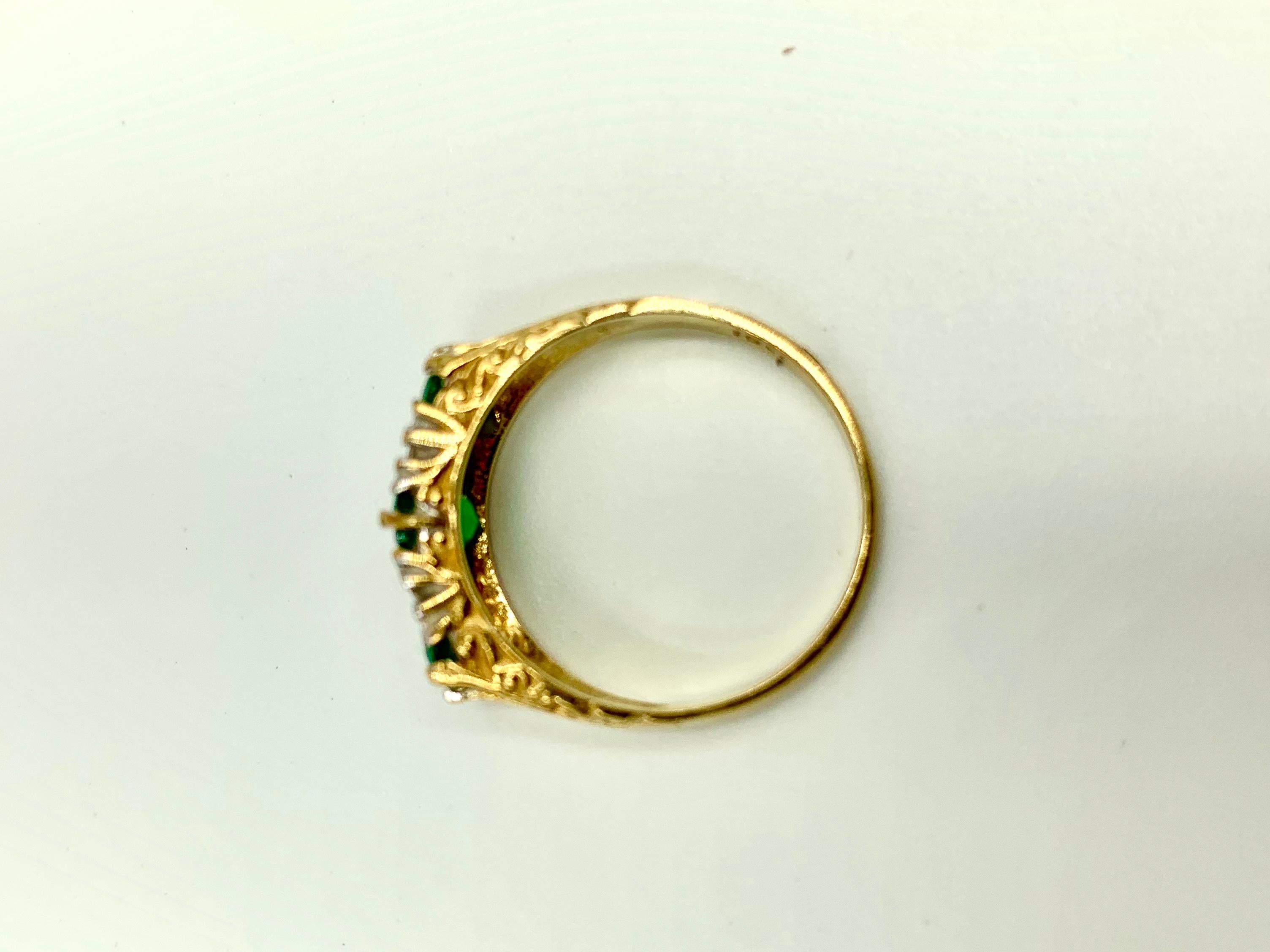 Estate Emerald Diamond 18K Yellow and White Gold Three Stone Ring For Sale 3