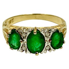 Estate Emerald Diamond 18K Yellow and White Gold Three Stone Ring