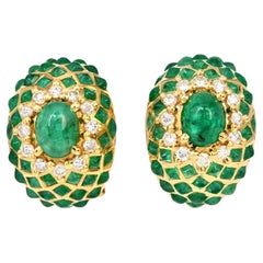 Estate Emerald Diamond Cluster Dome 18k Gold Clip-on Earrings