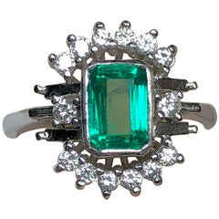 Estate Emerald Diamond Cocktail Ring 14 Karat White Gold