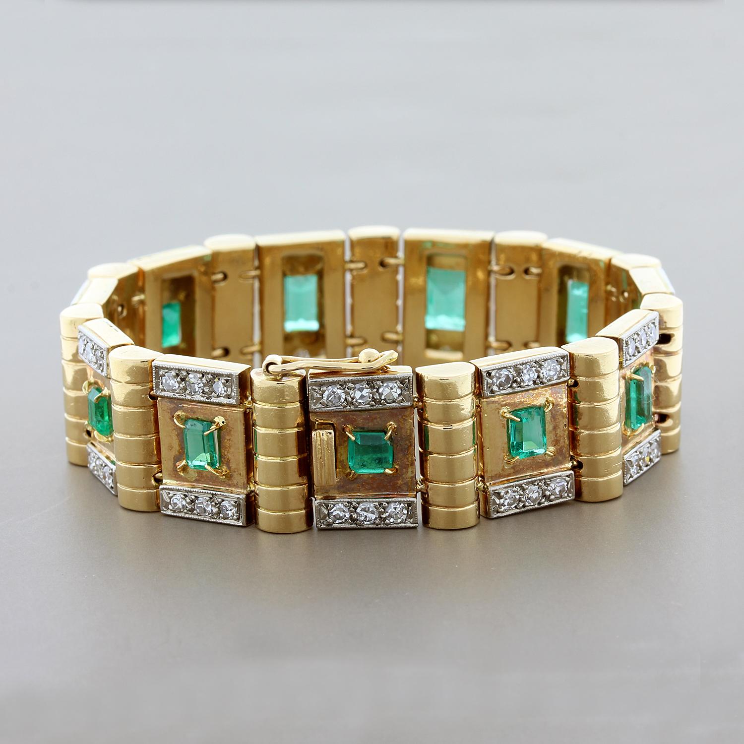 This stunning Cleopatra style estate bracelet features 5.50 carats of emeralds that go all the way around the bracelet. There are a total 0f 2.70 carats of round brilliant cut diamonds set across this lovely 18K gold bracelet.

Bracelet Length: 6.65