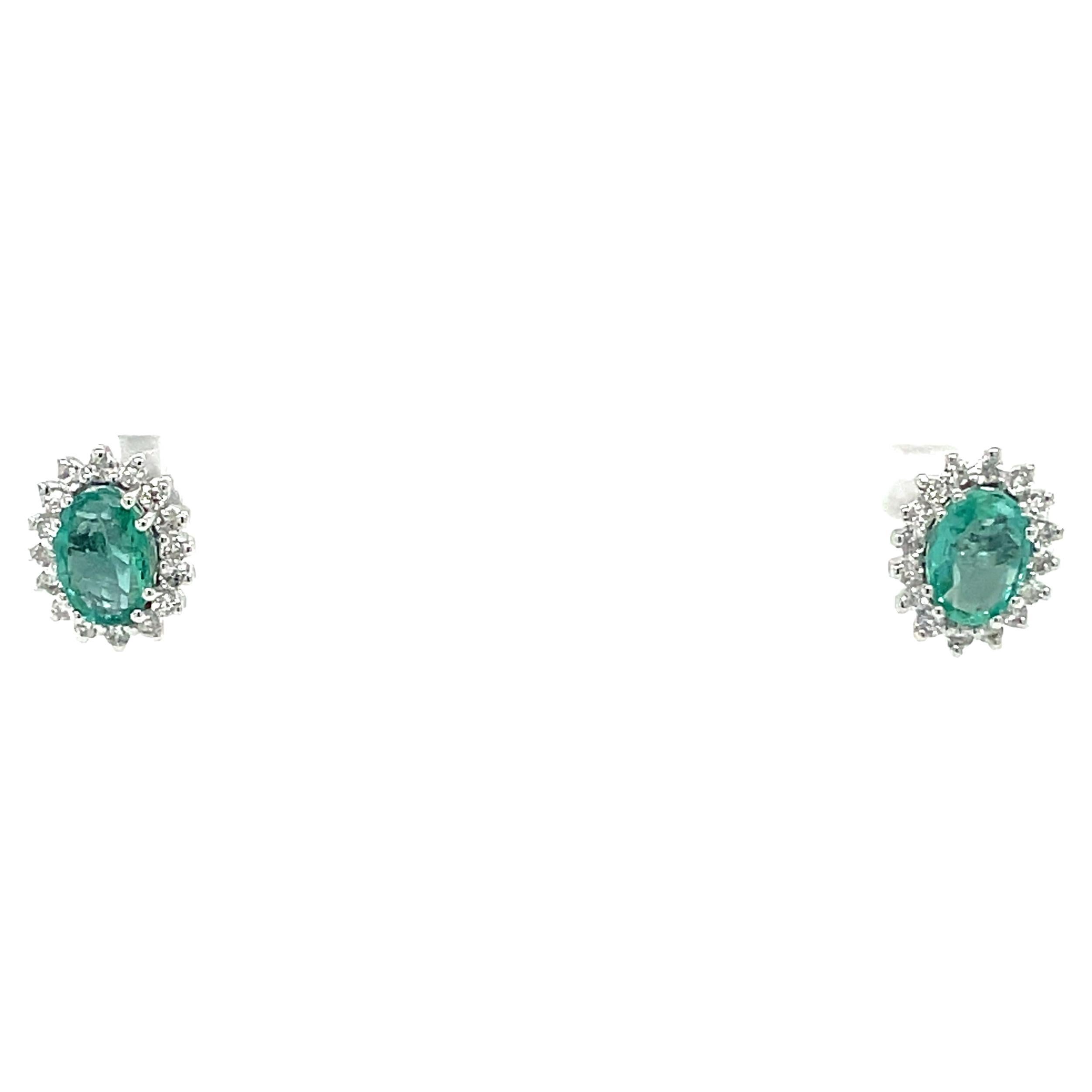 Estate Emerald Diamond Gold Cluster Stud Earrings For Sale