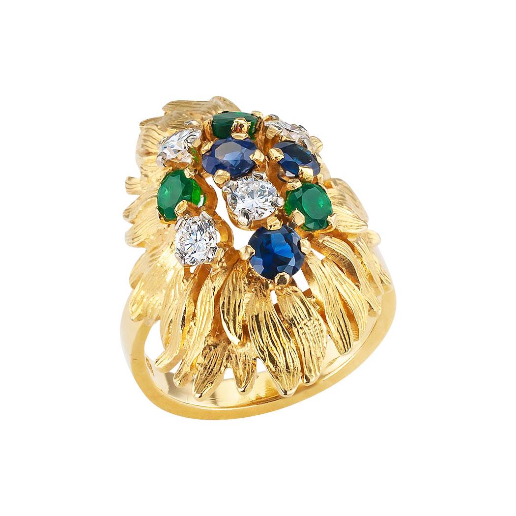 Estate diamond emerald sapphire and yellow gold cluster ring circa 1970.   Love it because it caught your eye, and we are here to connect you with beautiful and affordable jewelry.  Decorate Yourself!  Simple and concise information you want to know