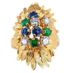 Vintage Estate Emerald Diamond Sapphire Yellow Gold Cluster Ring