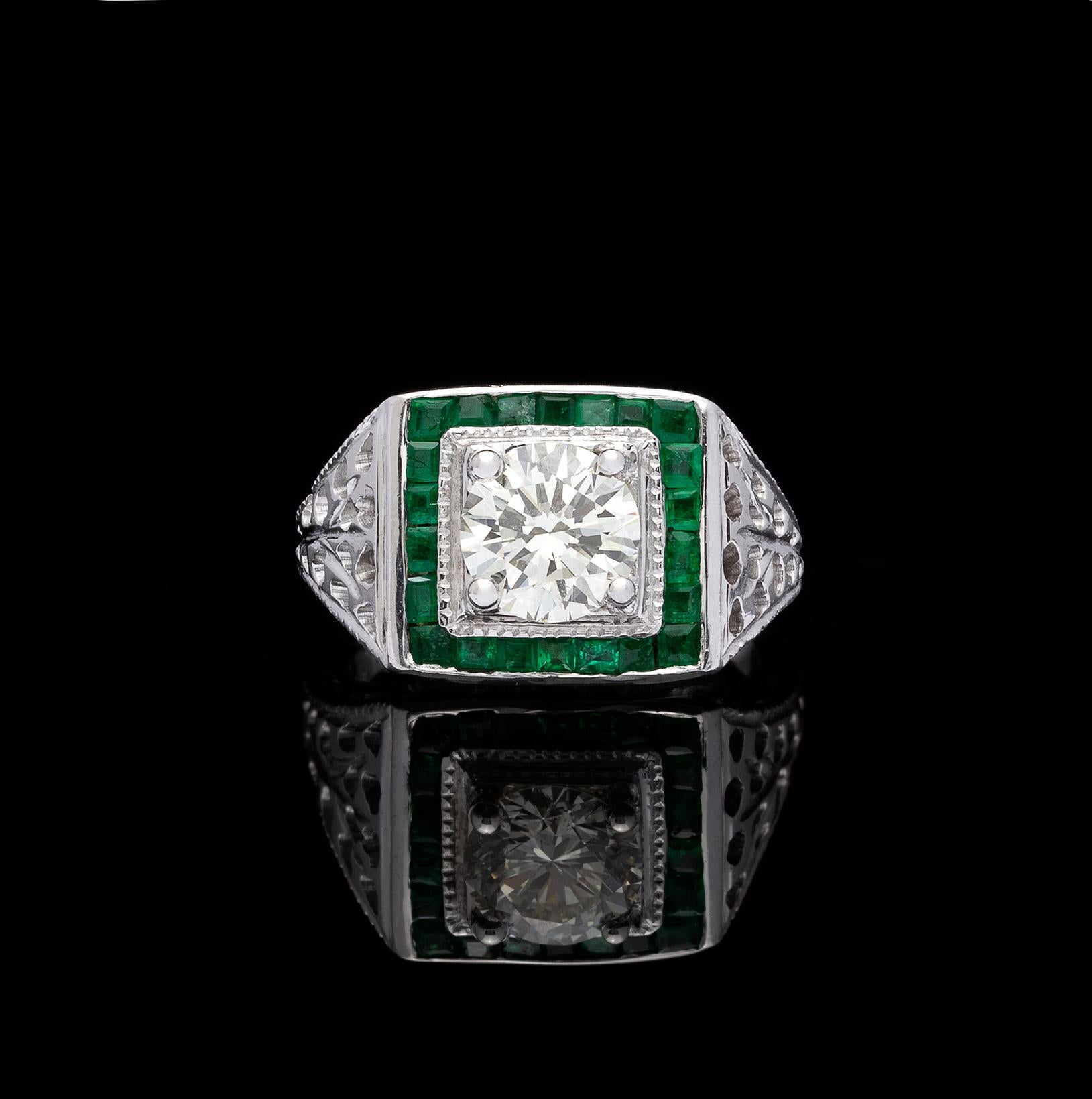 Round Cut Estate Emerald Diamond and White Gold Ring