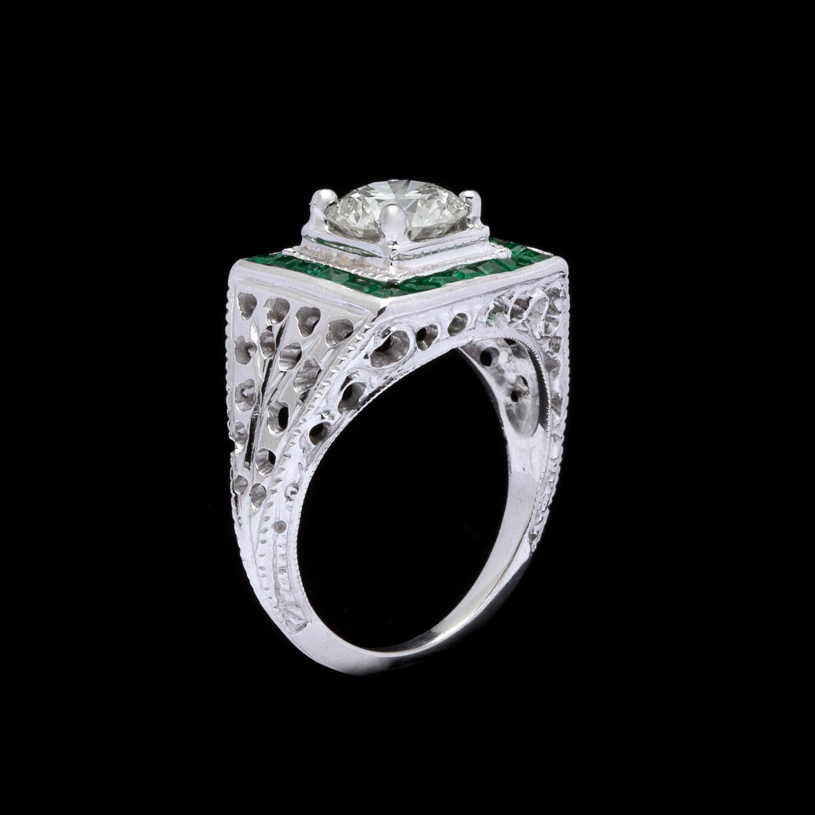Estate Emerald Diamond and White Gold Ring 1