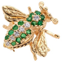 Vintage Estate Emerald Diamond Yellow Gold Bee Brooch