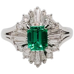 Estate Emerald Emerald Cut and White Diamond Cocktail Ring in Platinum