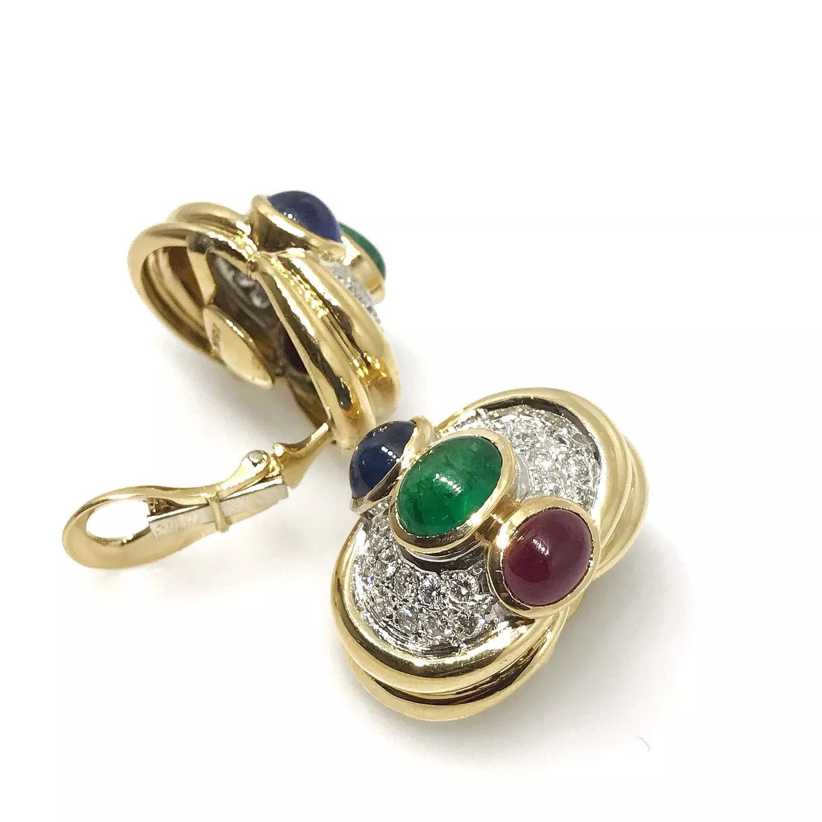 Cabochon Estate Emerald Ruby and Sapphire Dome Button Earrings in 18k Yellow Gold For Sale