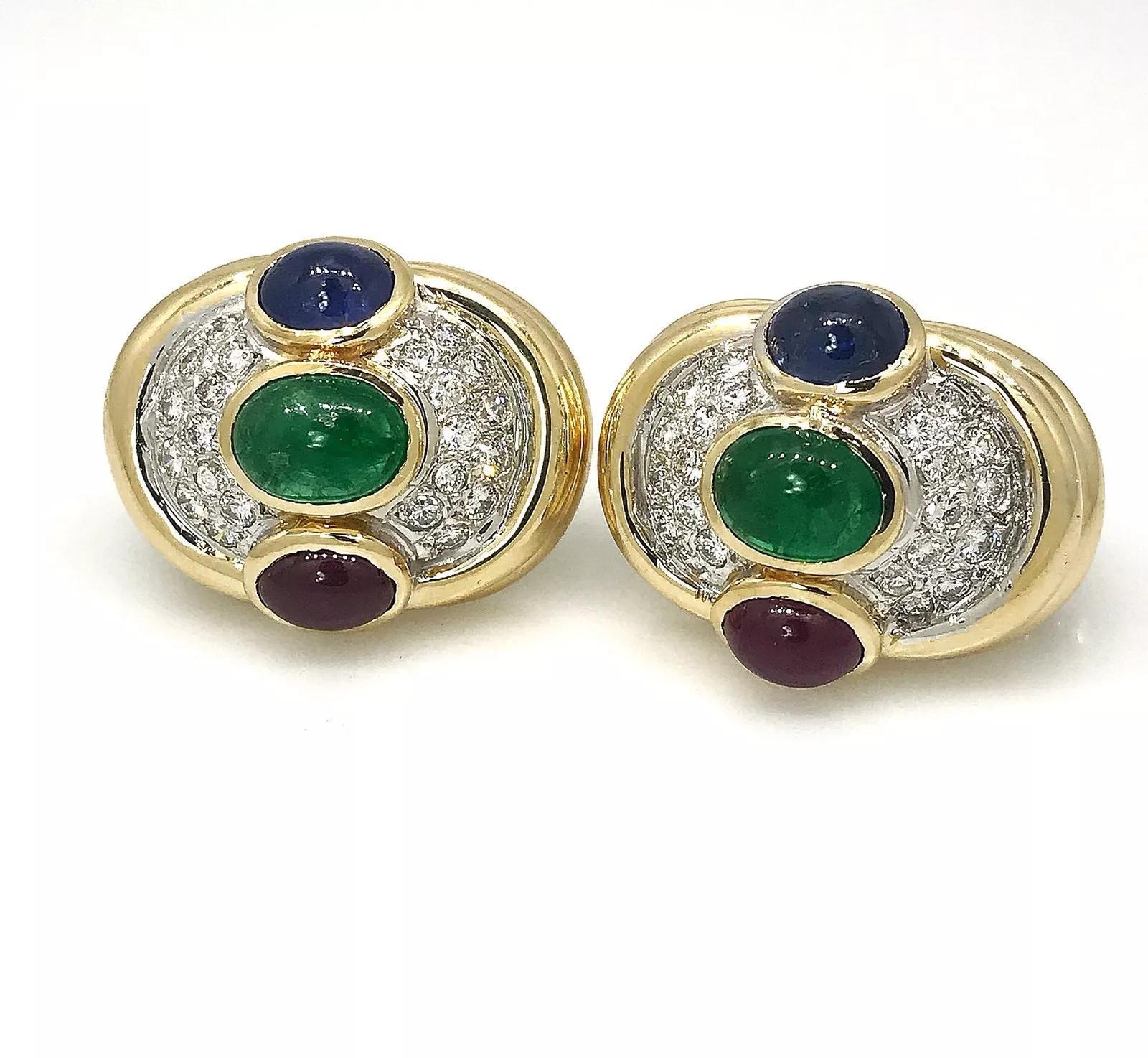 Women's Estate Emerald Ruby and Sapphire Dome Button Earrings in 18k Yellow Gold For Sale