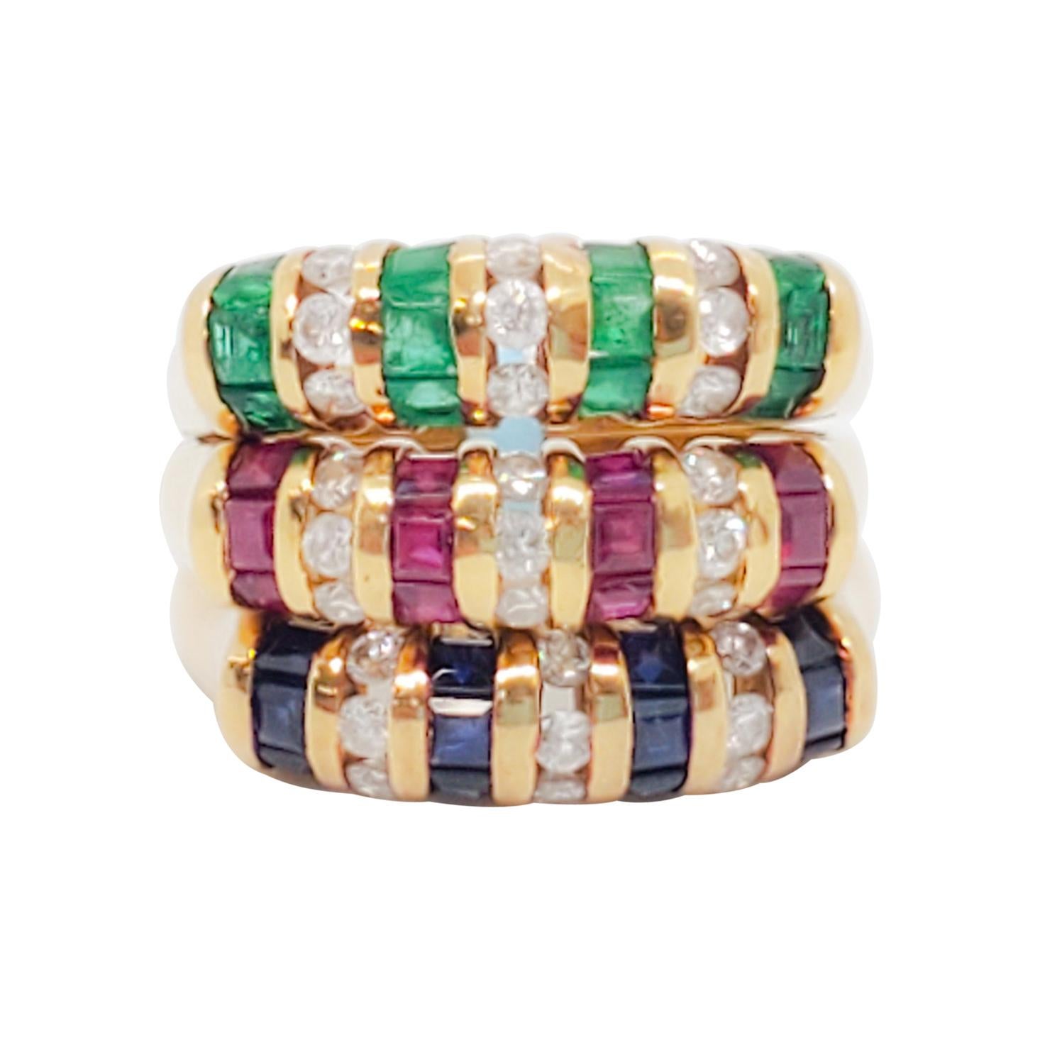 Estate Emerald, Ruby, Blue Sapphire, and Diamond Bands in 18k Yellow Gold
