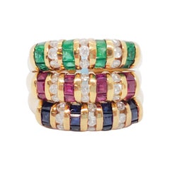 Estate Emerald, Ruby, Blue Sapphire, and Diamond Bands in 18k Yellow Gold Estate Emerald, Ruby, Blue Sapphire, and Diamond Bands in 18k Yellow Gold