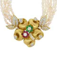 Estate Emerald Ruby Diamond Freshwater Pearl Flower Gold Necklace