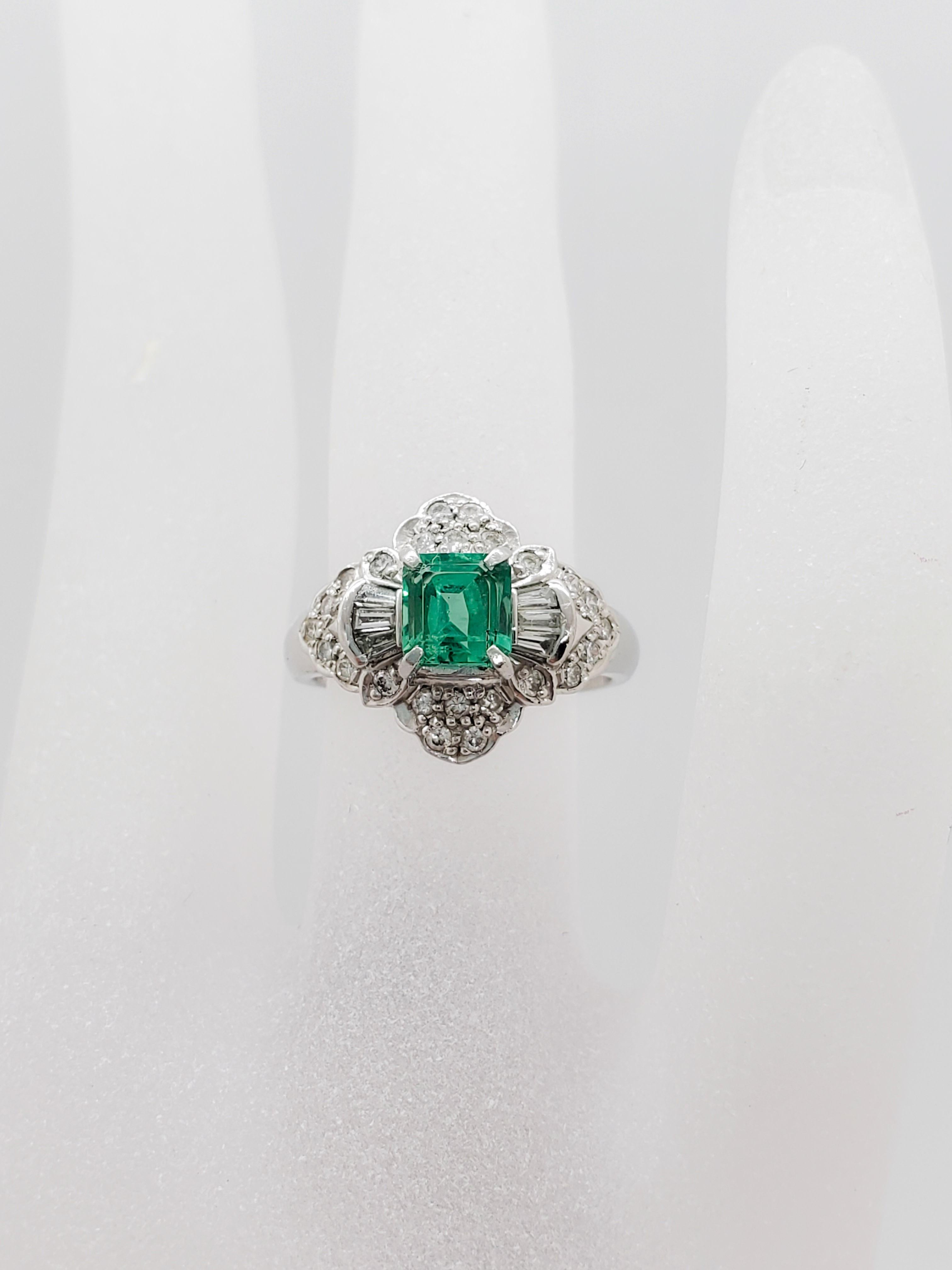 Estate Emerald Square and White Diamond Ring in Platinum 1