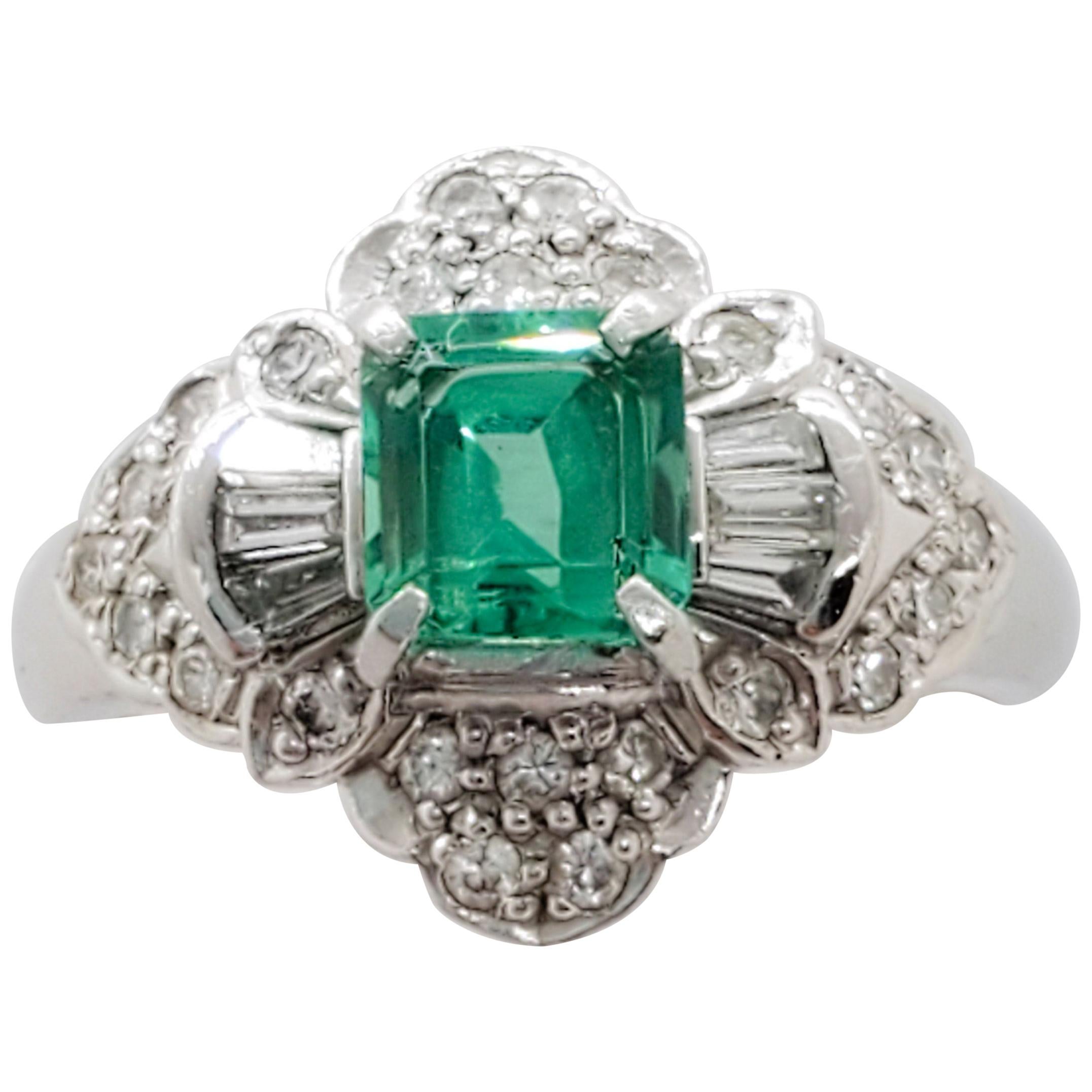 Estate Emerald Square and White Diamond Ring in Platinum