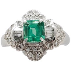 Estate Emerald Square and White Diamond Ring in Platinum