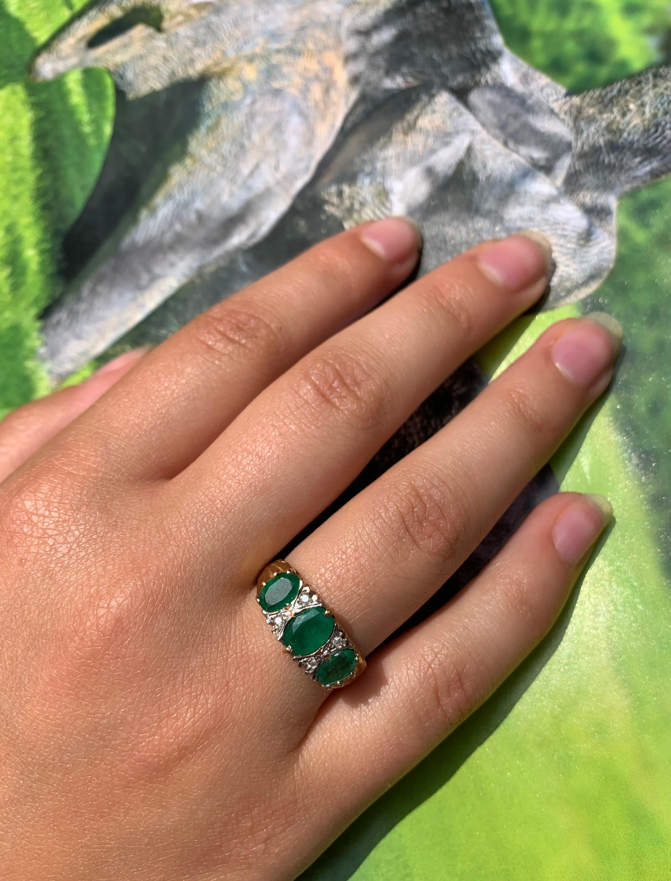 Mixed Cut Estate Emerald Three-Stone Ring, 18 Karat Yellow Gold and Diamonds For Sale