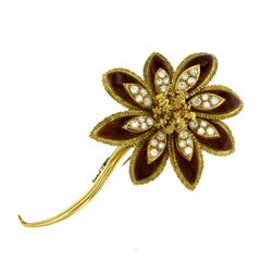 Estate Enamel 2 Carat Diamond Gold Flower Brooch