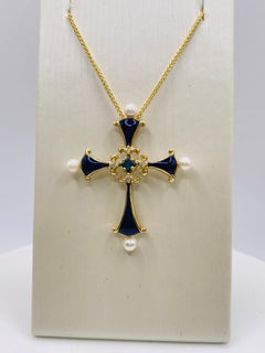 Estate Enamel Cross with Sapphire, Diamonds and Pearls