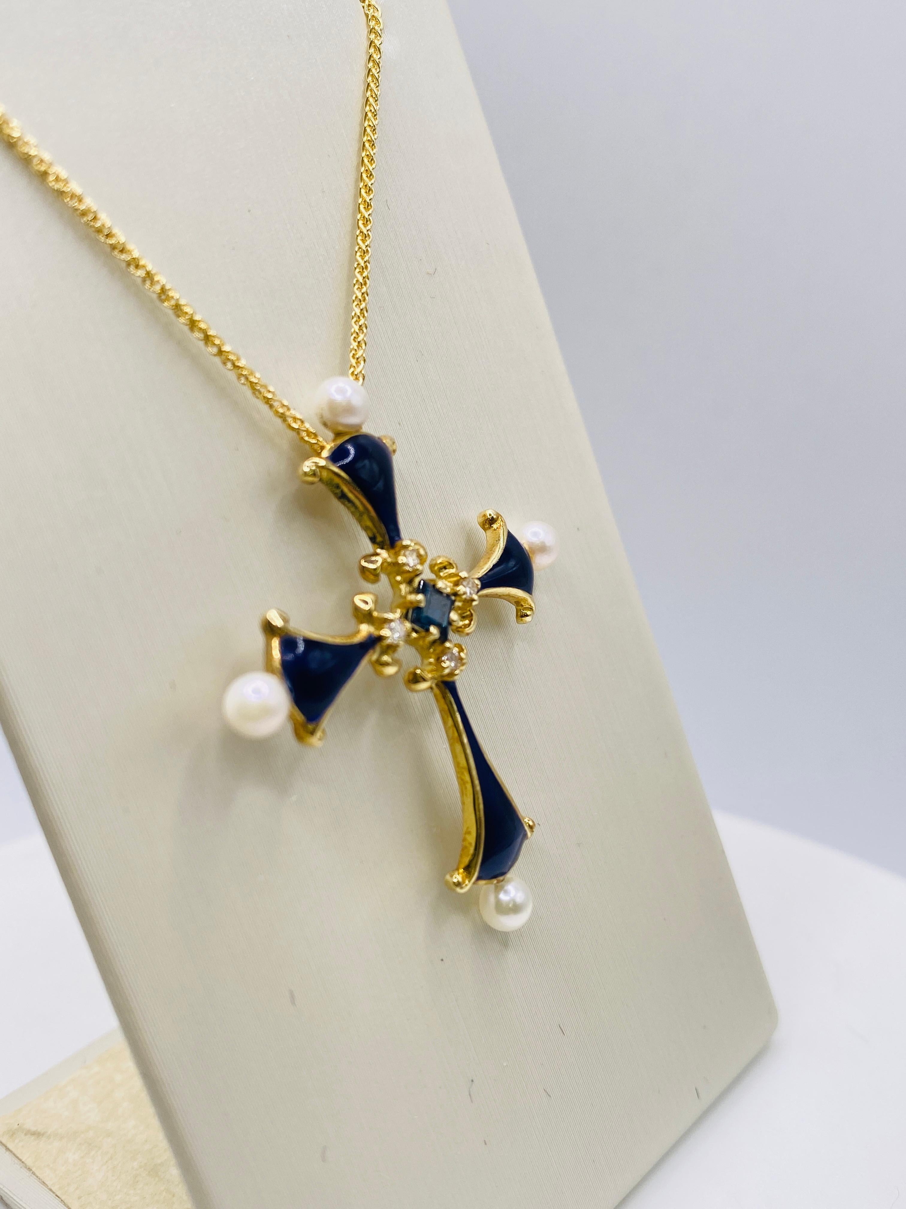 Round Cut Estate Enamel Cross with Sapphire, Diamonds and Pearls