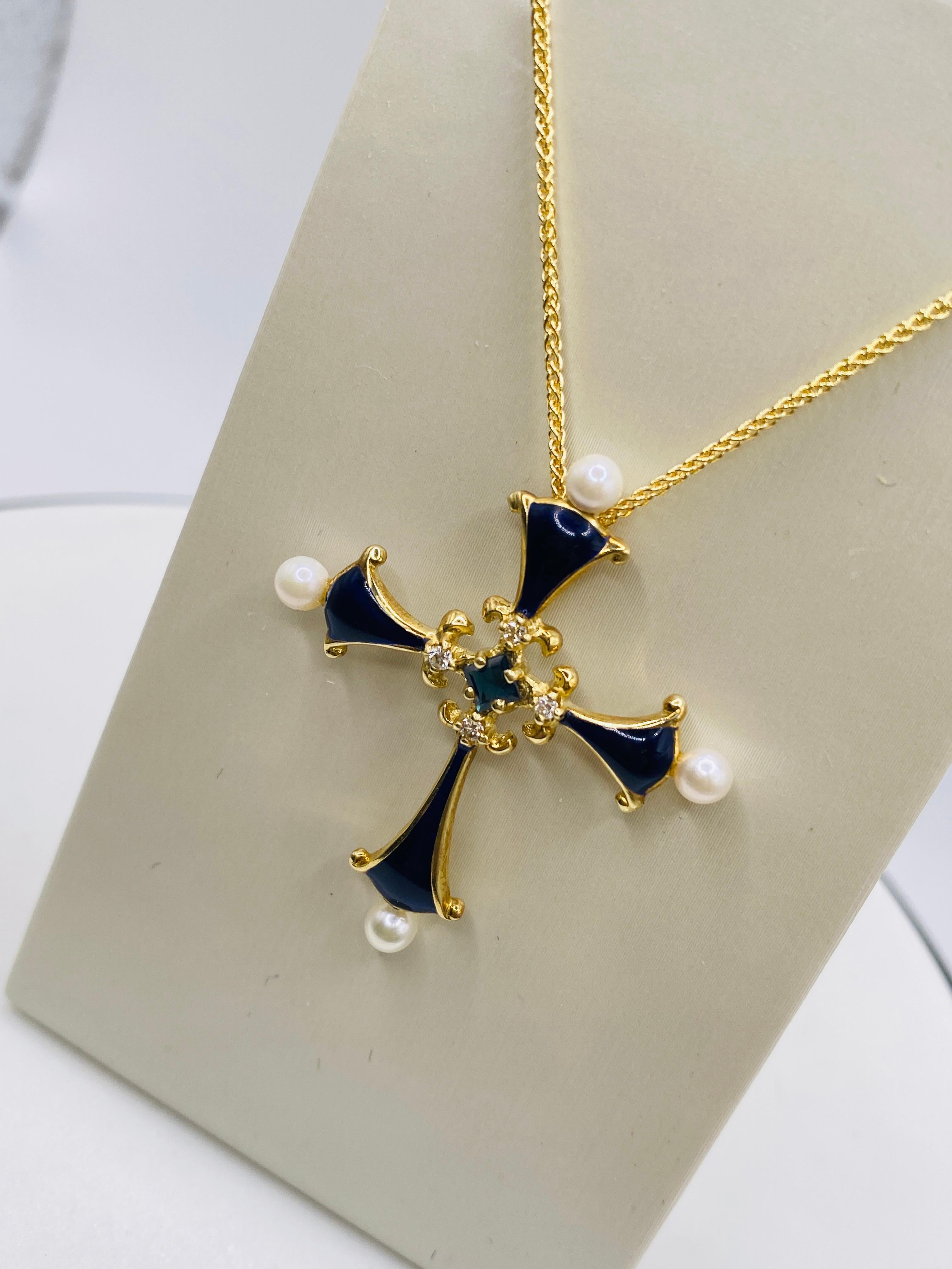 Estate Enamel Cross with Sapphire, Diamonds and Pearls In Good Condition In DALLAS, TX