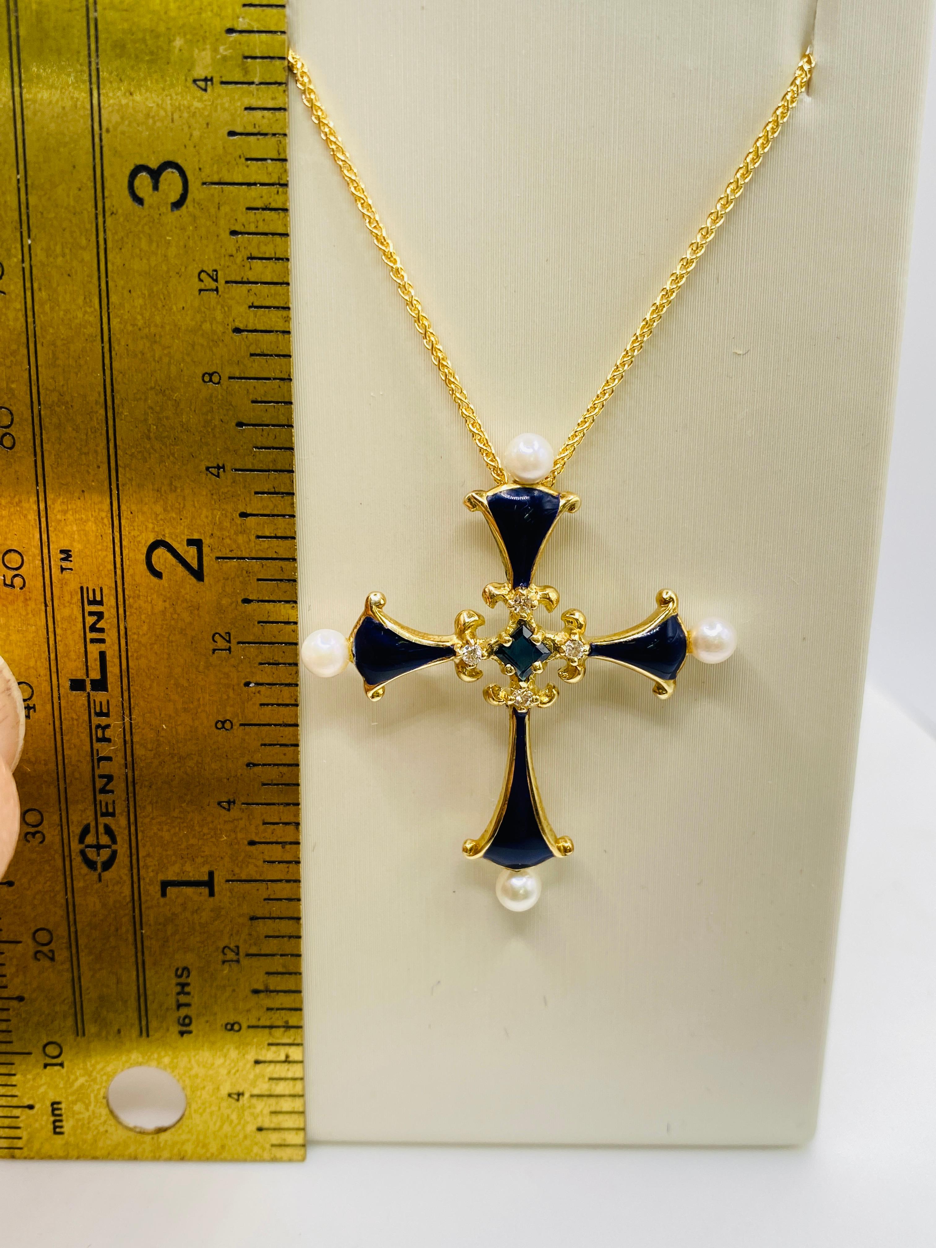 Women's or Men's Estate Enamel Cross with Sapphire, Diamonds and Pearls