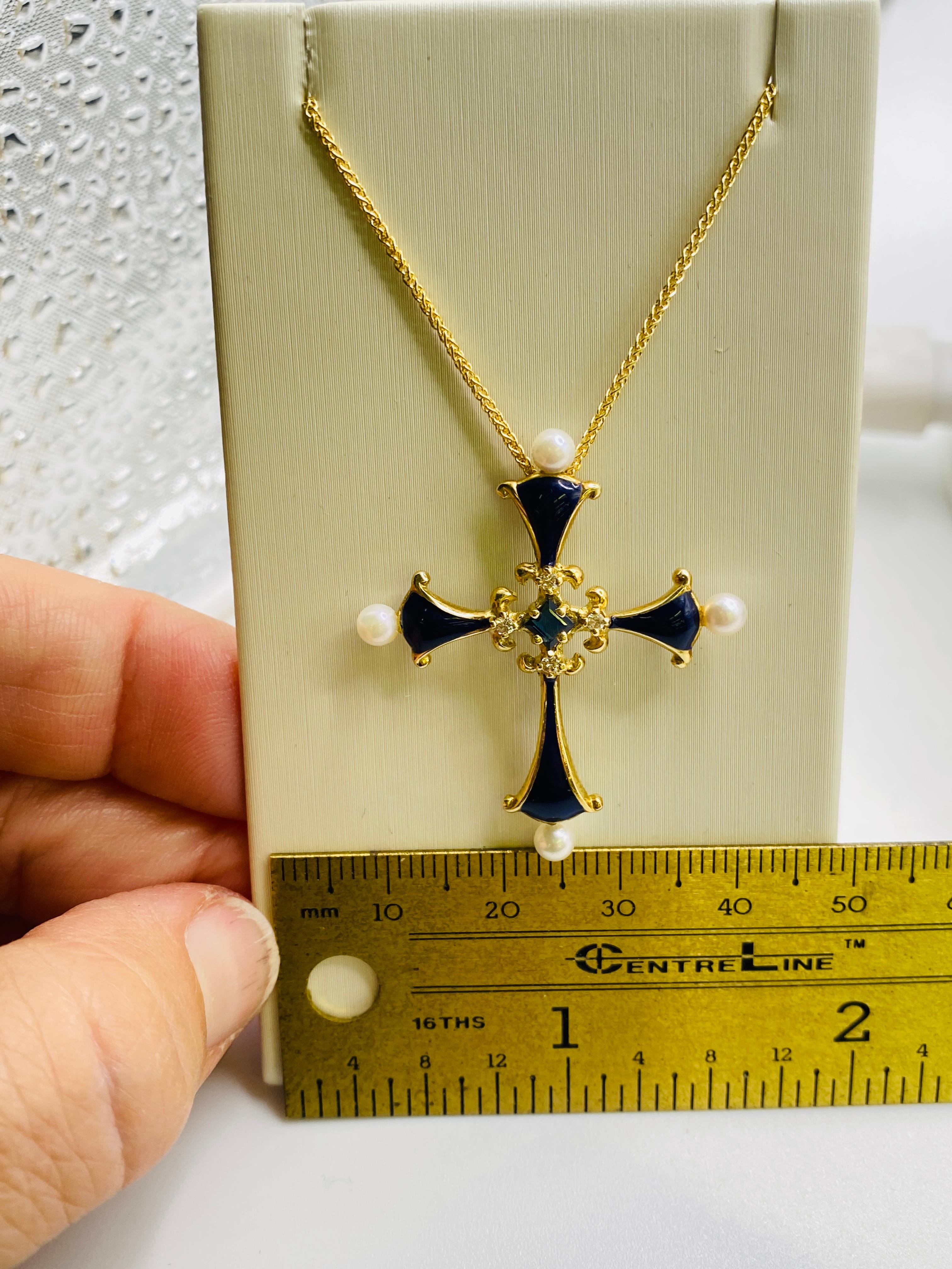 Estate Enamel Cross with Sapphire, Diamonds and Pearls 1