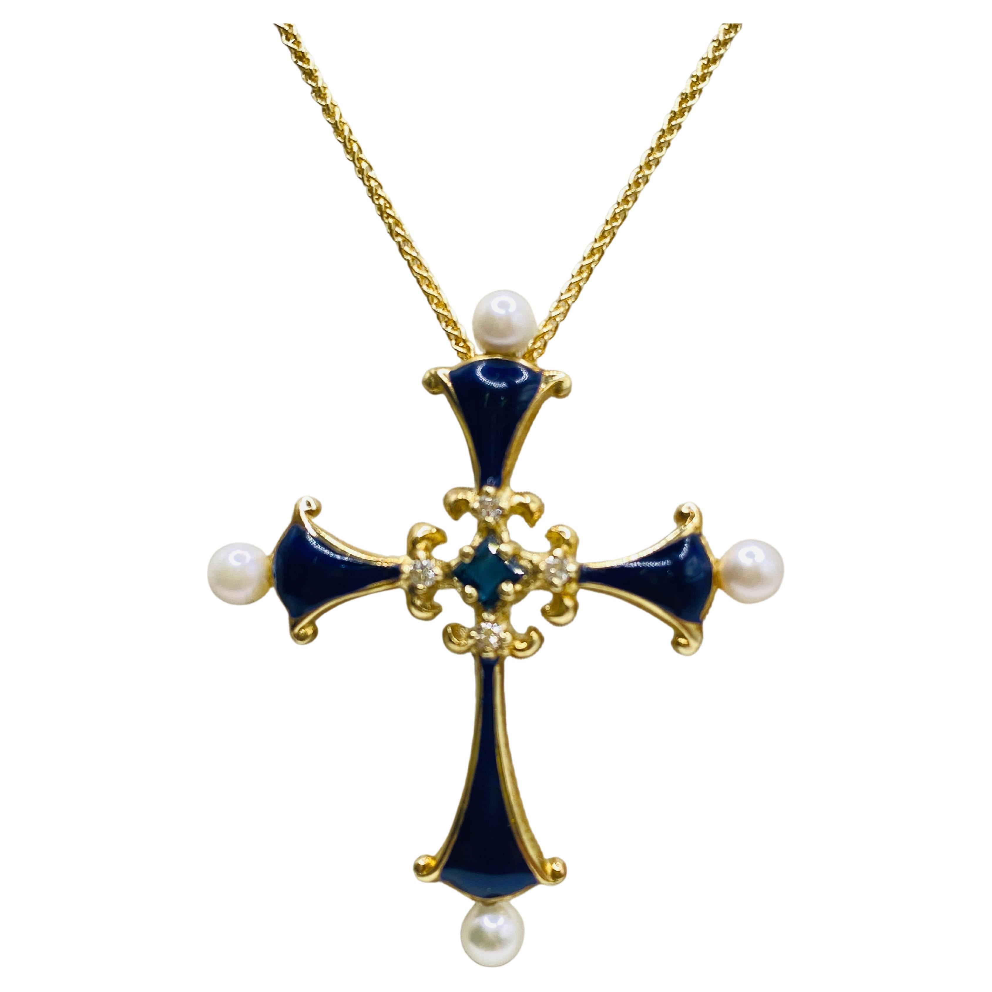 Estate Enamel Cross with Sapphire, Diamonds and Pearls