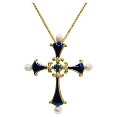 Estate Enamel Cross with Sapphire, Diamonds and Pearls