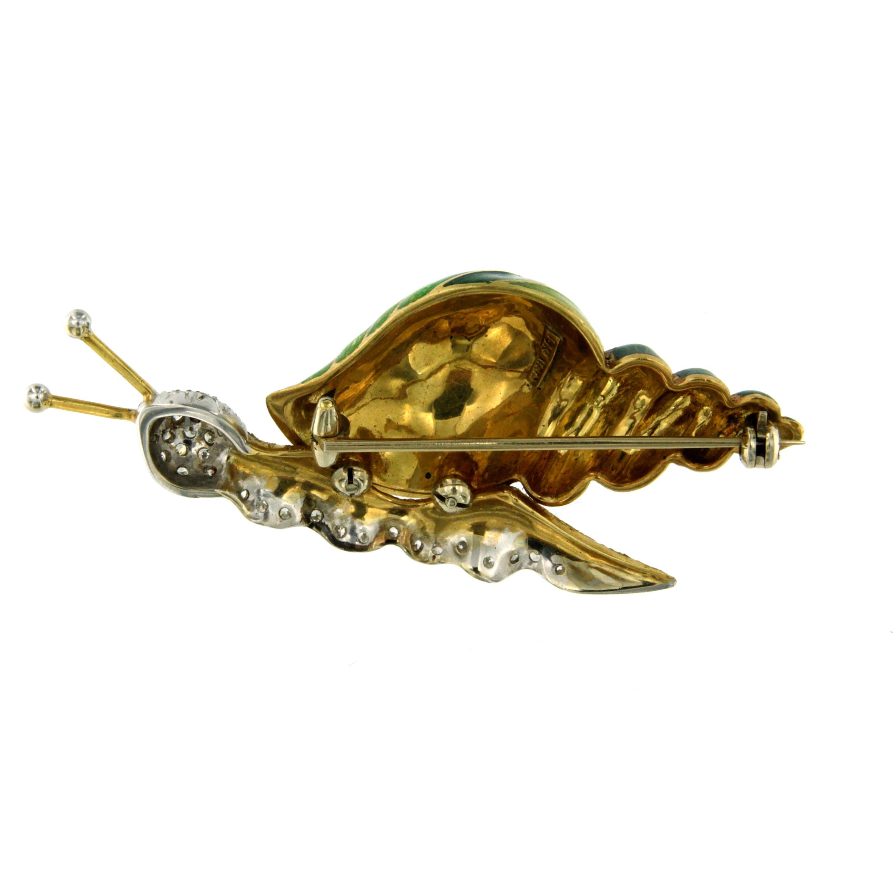 Women's or Men's Estate Enamel Diamond Gold Snail Brooch