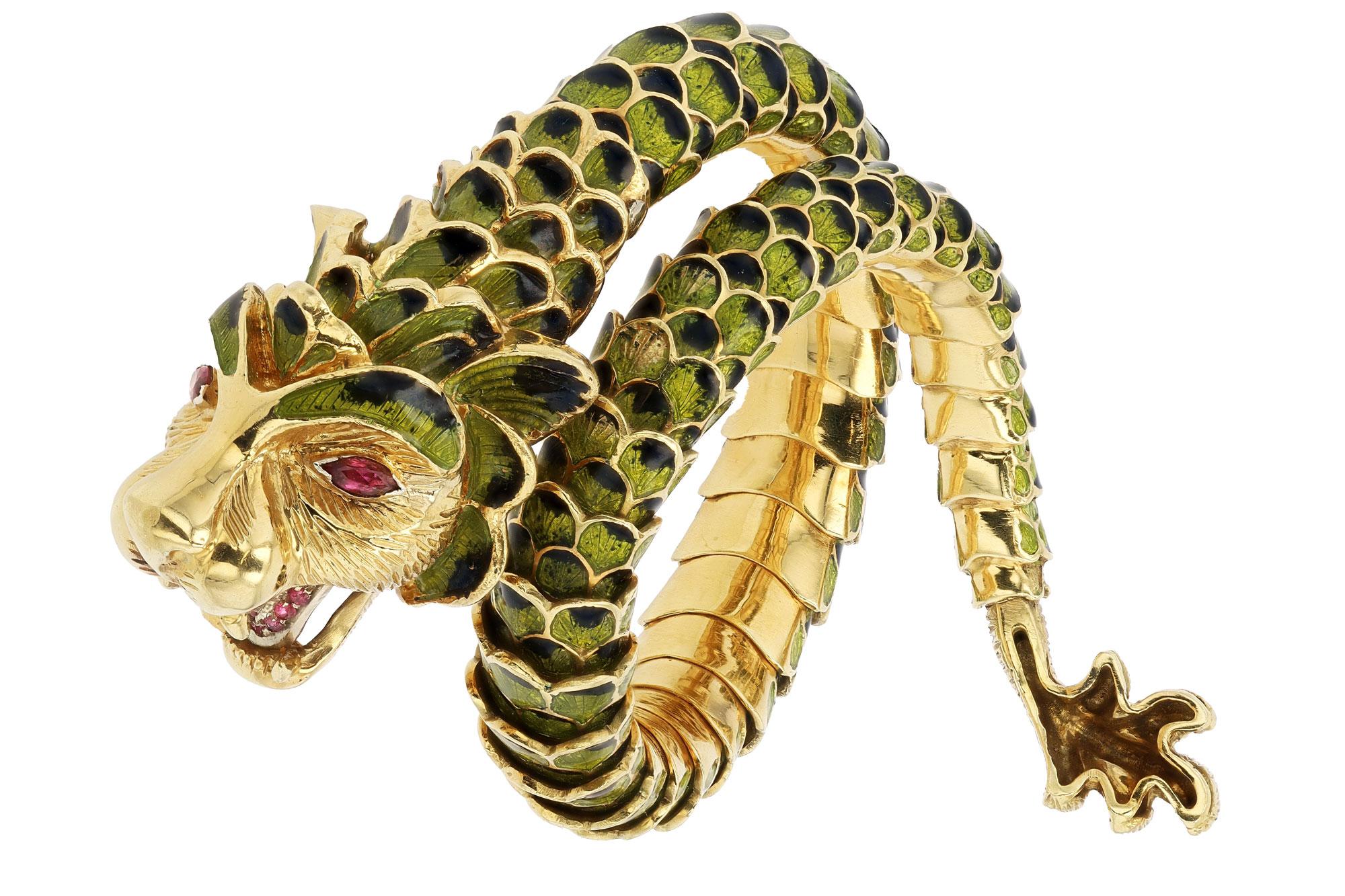 Artisan Estate Enamel Dragon Serpent Lion Wrap Bracelet For Sale