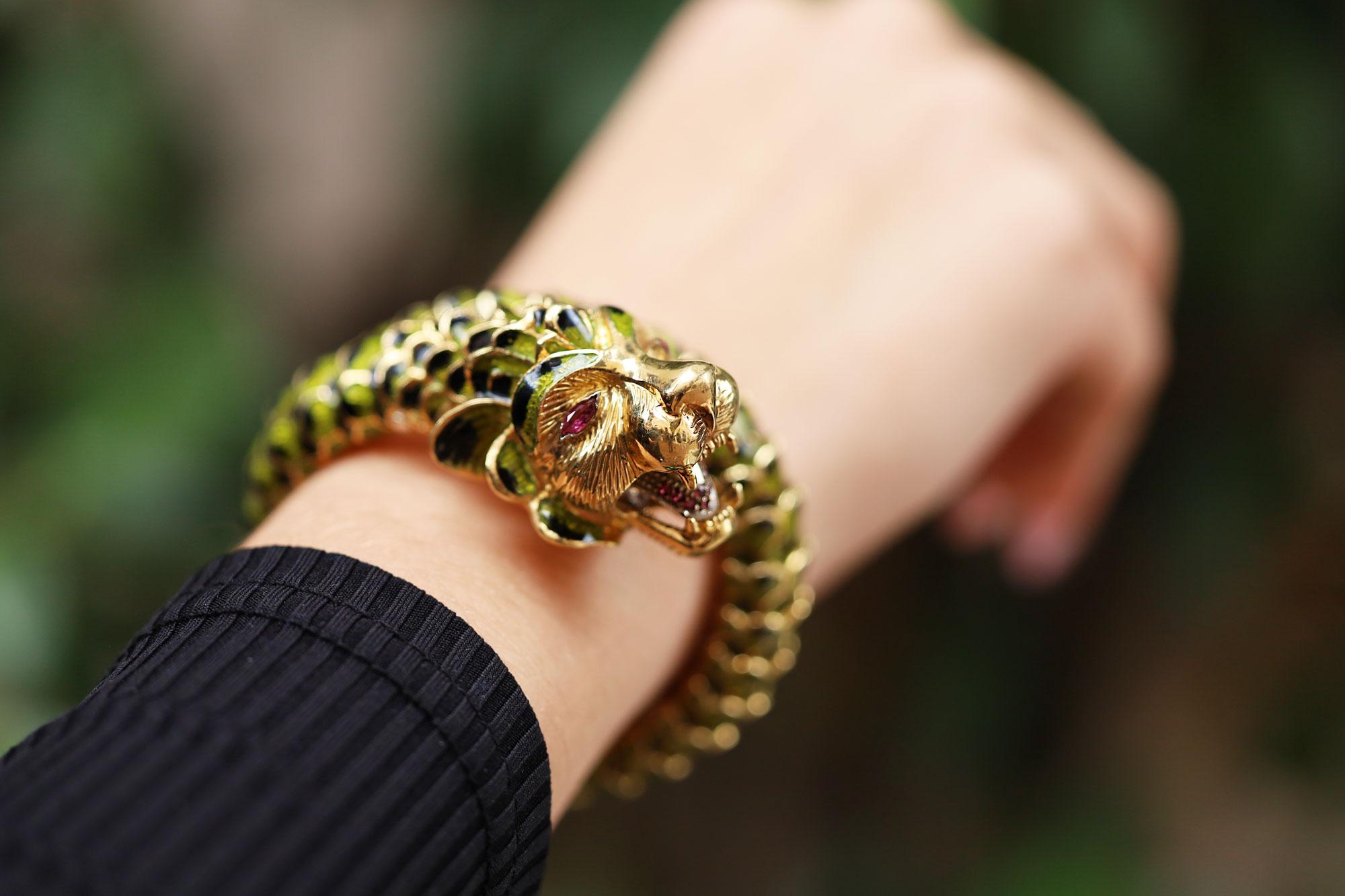 Women's or Men's Estate Enamel Dragon Serpent Lion Wrap Bracelet For Sale