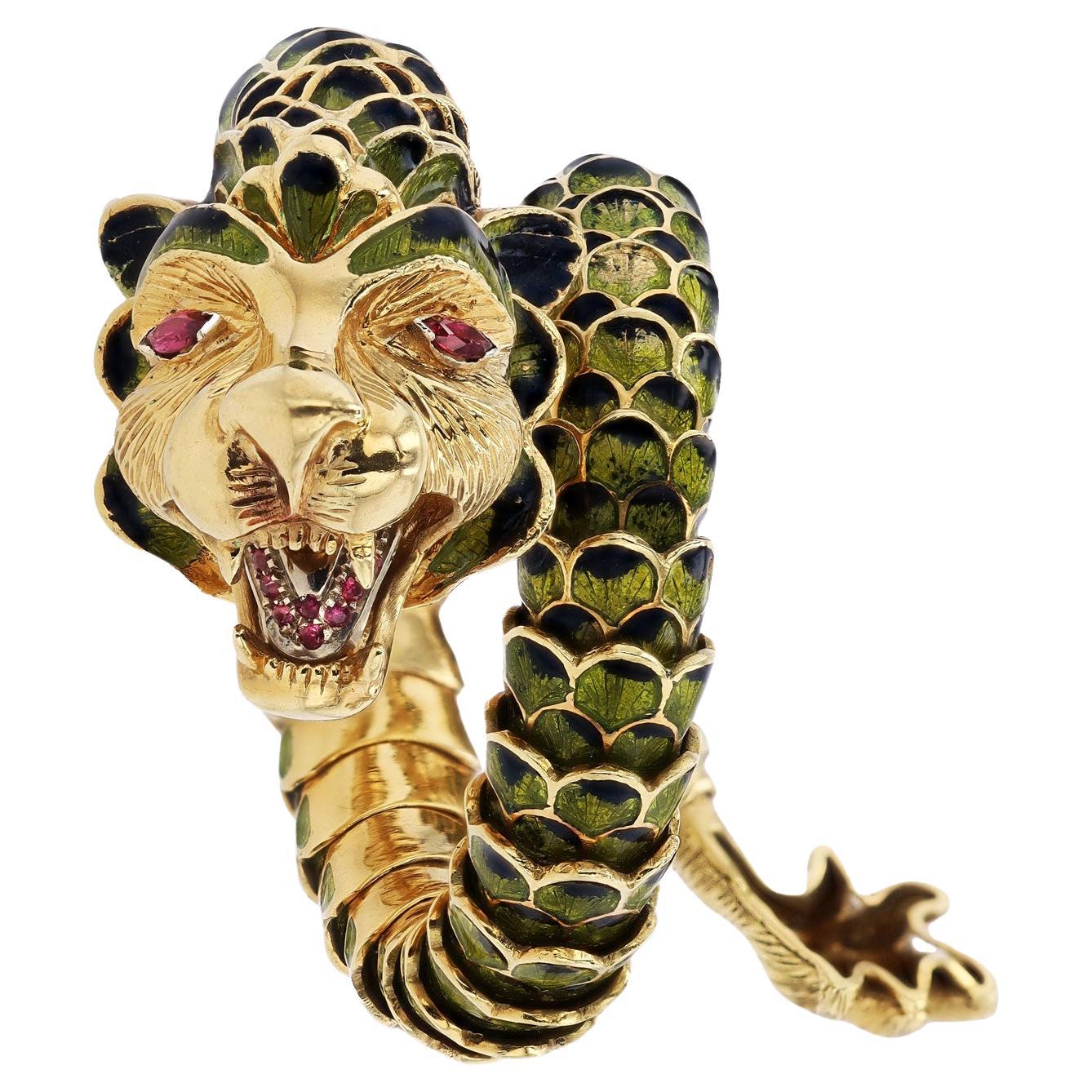 Estate Enamel Dragon Serpent Lion Wrap Bracelet For Sale