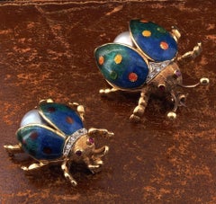 Estate Enamel Pearl Diamond Twin Lady bug brooches 18 KT