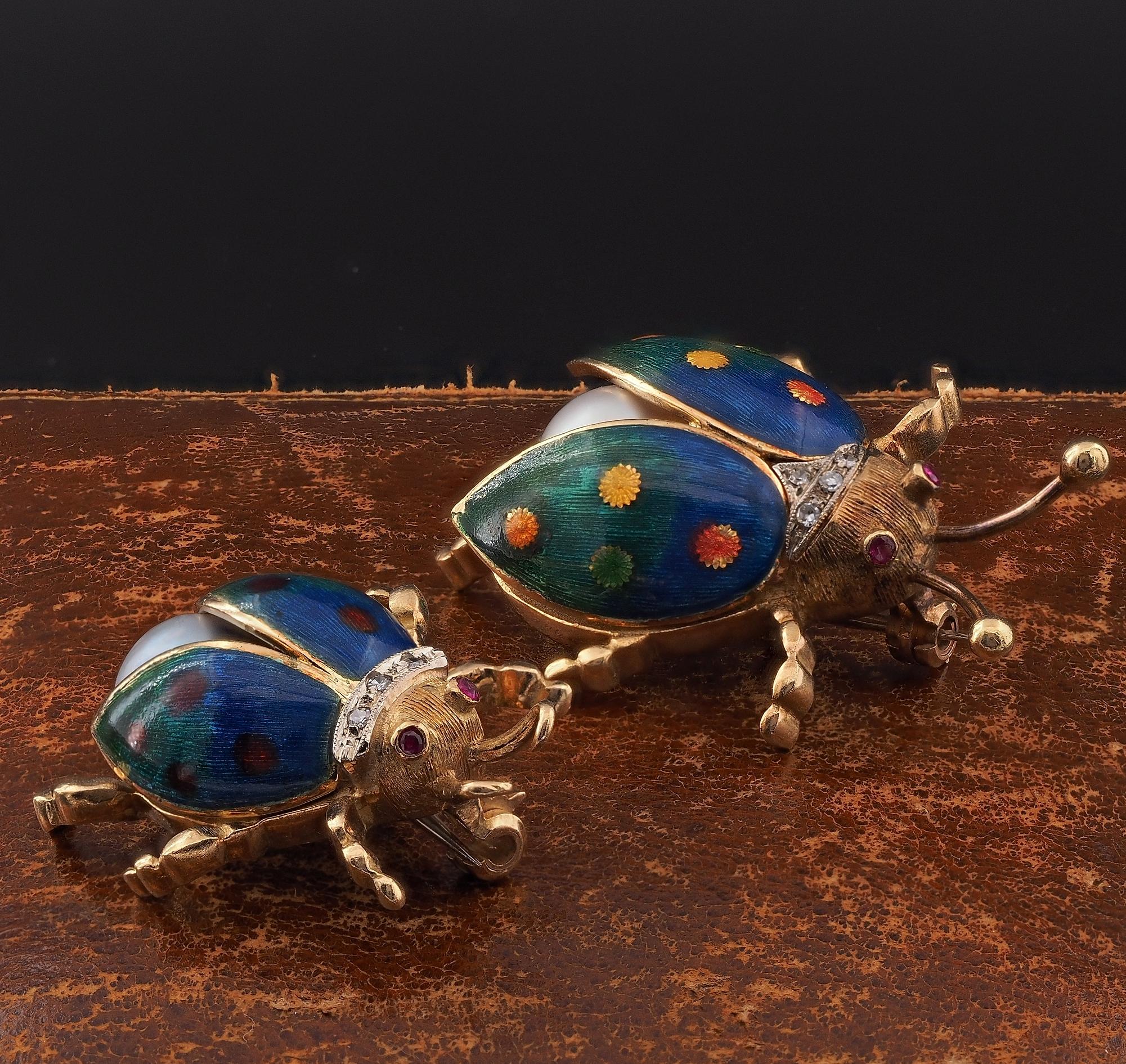 Contemporary Estate Enamel Pearl Diamond Twin Lady bug brooches 18 KT For Sale